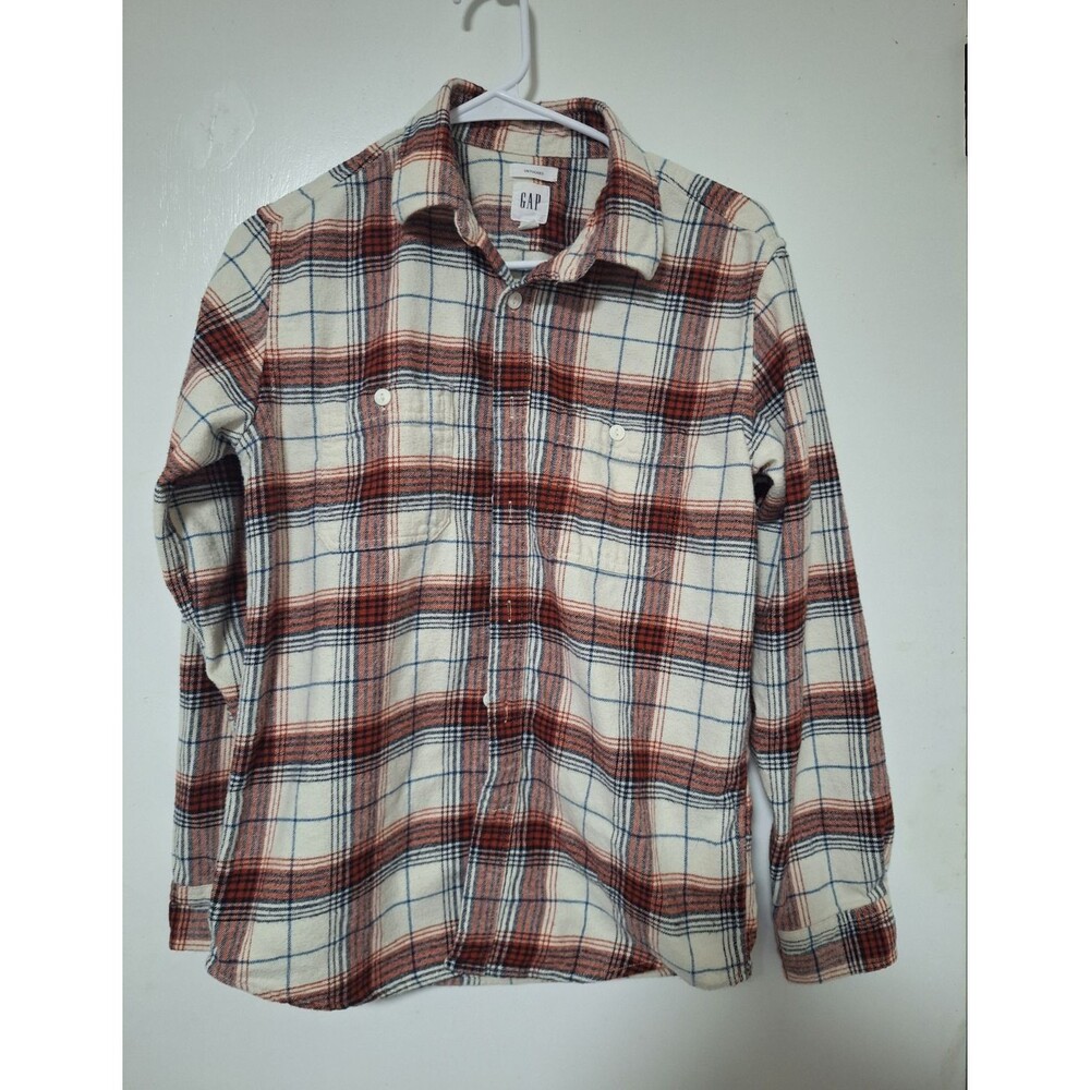 GAP‎ Men’s XS Plaid Flannel Long Sleeve Button-Up Shirt Pockets Cream Red Blue